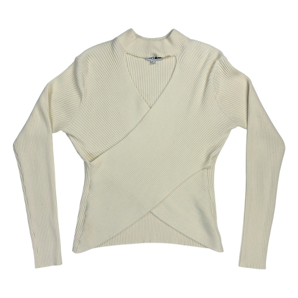 Fashion Nova Ribbed Knit Sweater L Cream Crossover Cutout Mock Capsule Wardrobe